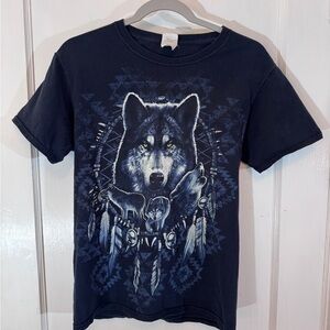 Vintage Fruit of the Loom Wolf Black Graphic Tee Small Native American